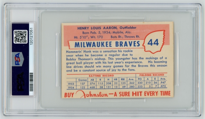 1955 Johnston Cookies Hank Aaron Milwaukee Braves HOF PSA 6 POP 13+33! RARE