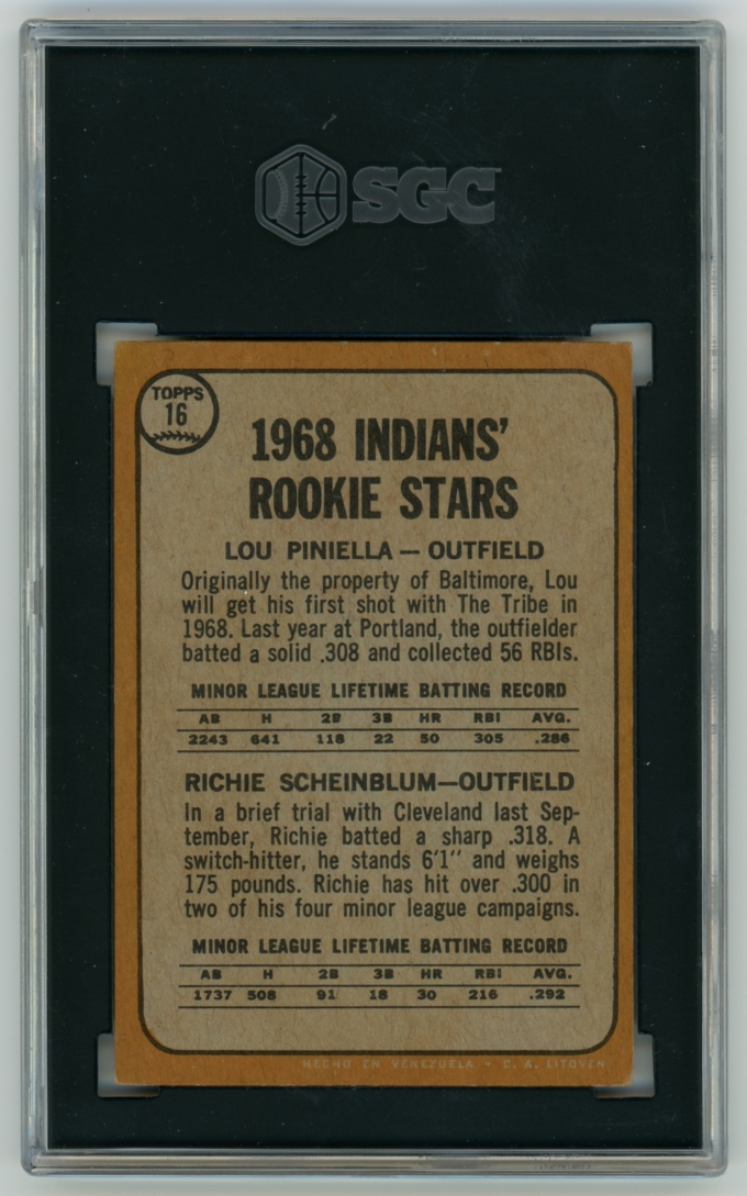 1968 Topps Venezuela #16 Lou Piniella Cleveland Indians RC SGC 4 VG-EX TOP POP!