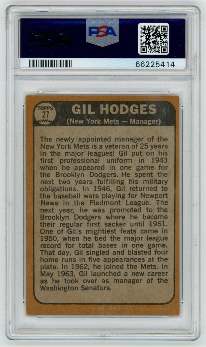 1968 Topps Venezuela #27 Gil Hodges New York Mets HOF PSA 5 EX POP 3+3!
