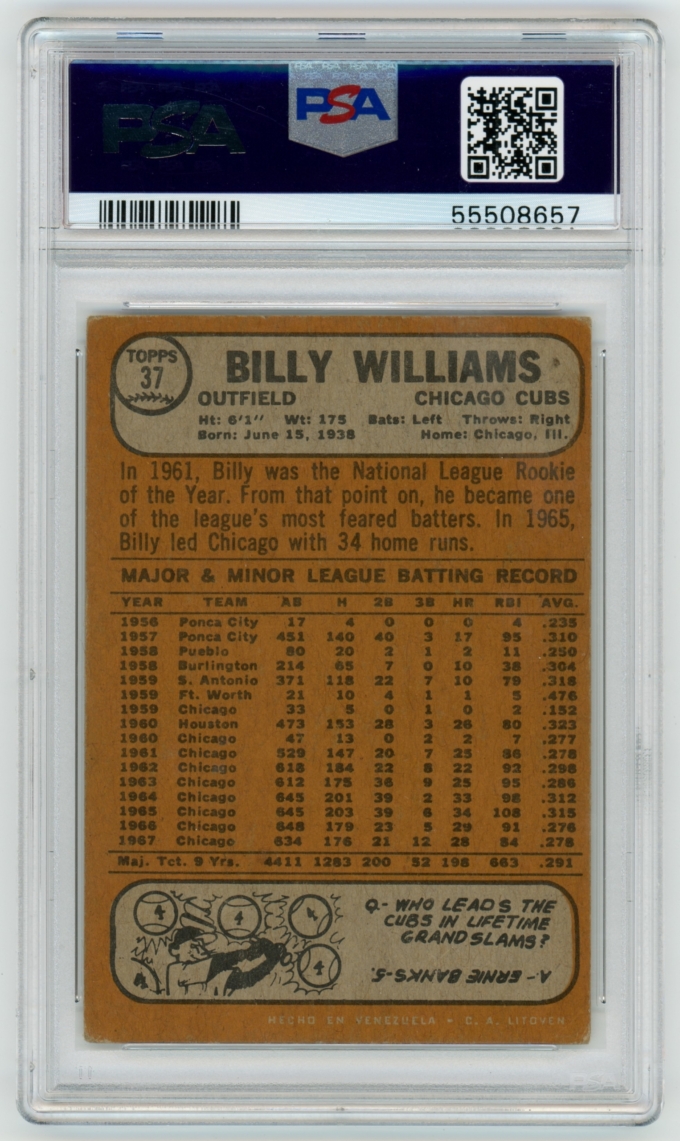1968 Topps Venezuela #37 Billy Williams Chicago Cubs HOF PSA 3 VG