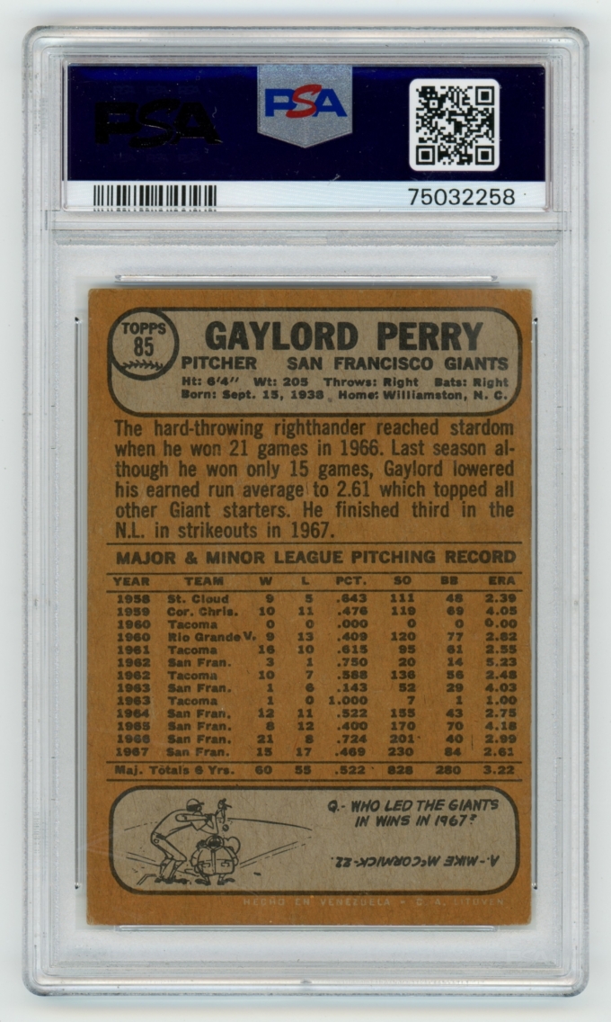 1968 Topps Venezuela #85 Gaylord Perry San Francisco Giants HOF PSA 4 VG-EX