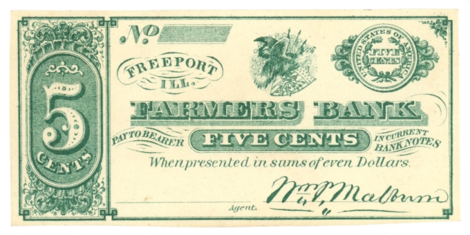 ND William P Malburn @ Farmers Bank Freeport Illinois IL 5c Scrip UNL (L6095)