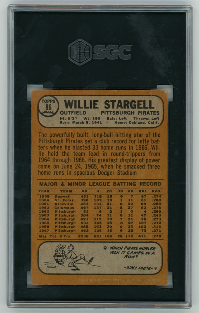 1968 Topps Venezuela #86 Willie Stargell Pittsburgh Pirates HOF SGC 3.5 VG+