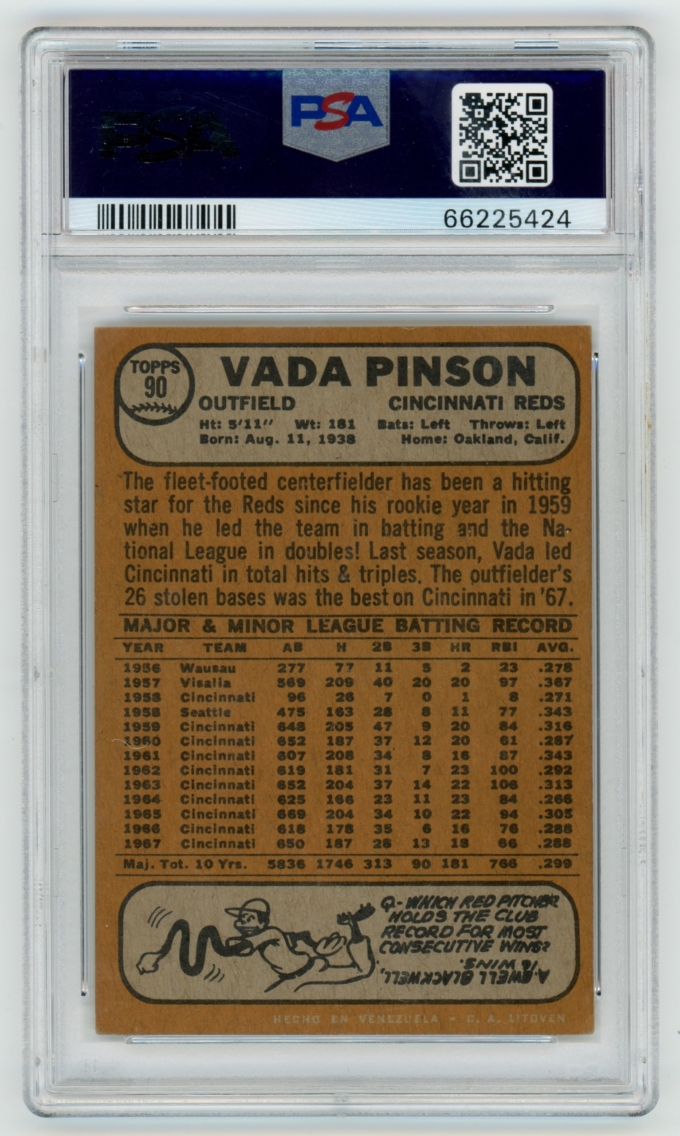 1968 Topps Venezuela #90 Vada Pinson Cincinnati Reds PSA 6 EX-MT POP 3+2!
