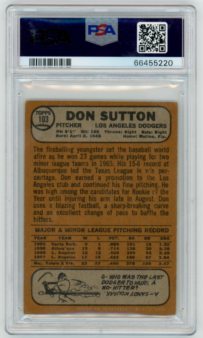 1968 Topps Venezuela #103 Don Sutton LA Dodgers HOF PSA 4 VG-EX POP 2+7!