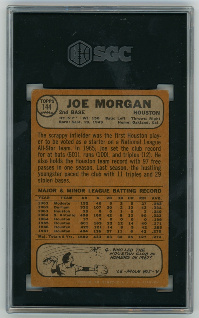1968 Topps Venezuela #144 Joe Morgan Houston Astros HOF SGC 3 VG POP 1+1!