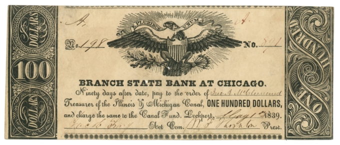 1839 Branch State Bank at Chicago Illinois $100 Obsolete - IL & MI Canal 64840