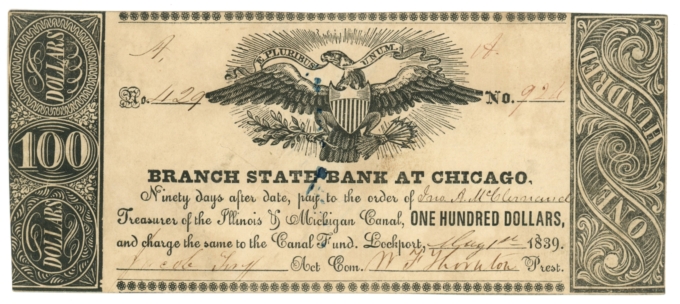 1839 Branch State Bank at Chicago Illinois $100 Obsolete – IL & MI Canal 64842