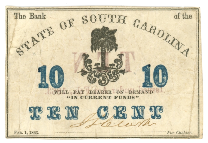 1863 State of South Carolina Charleston SC 10c Obsolete - TEN CENT ERROR (64844)