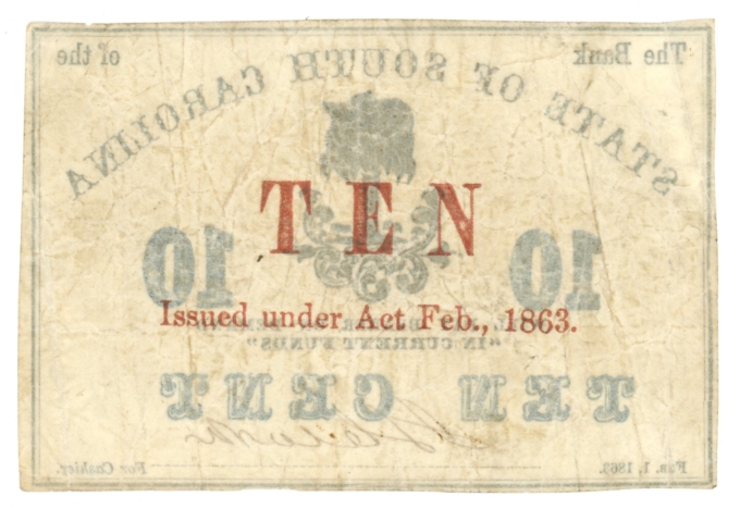 1863 State of South Carolina Charleston SC 10c Obsolete - TEN CENT ERROR (64844)