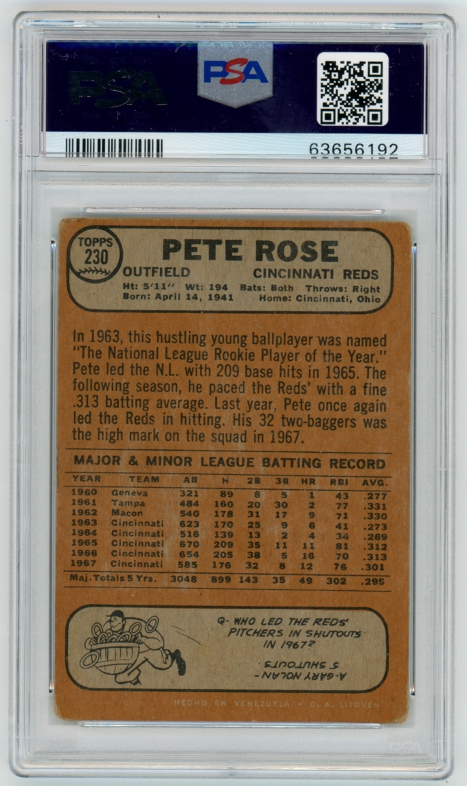 1968 Topps Venezuelan #230 Pete Rose Cincinnati Reds PSA 2 GD POP 5+7!