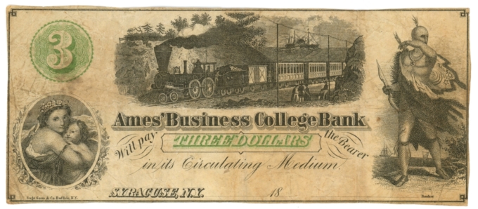 18XX Ames Business College Bank Syracuse New York NY $3 College Currency (64847)