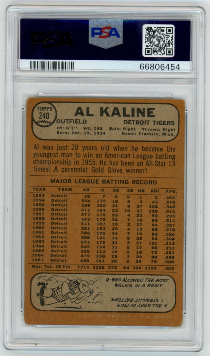 1968 Topps Venezuela #240 Al Kaline Detroit Tigers HOF PSA 3 VG POP 6+2!