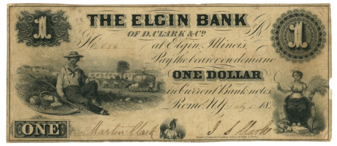 1852 Elgin Bank of D Clark & Co. Elgin Illinois IL $1 Obsolete UNL (64851)