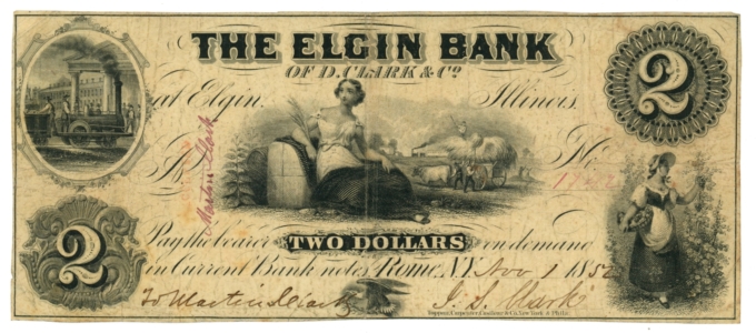 1852 Elgin Bank of D Clark & Co. Elgin Illinois IL $2 Obsolete UNL (64850)