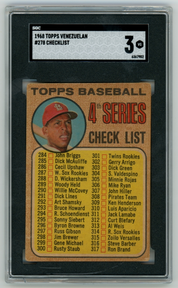 1968 Topps Venezuela #278 4th Series Checklist (Cepeda) SGC 3 VG TOP POP!