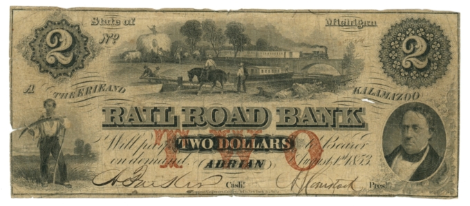 1853 Erie & Kalamazoo Rail Road Bank Adrian Michigan MI $2 Obsolete Note (64854)