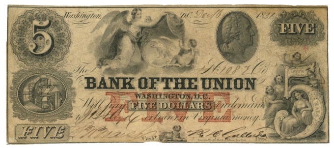 1851 Bank of the Union Washington DC $5 Obsolete Note (64853)