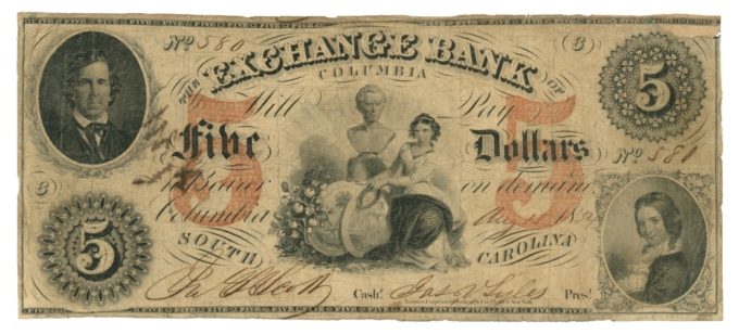 1854 Exchange Bank of Columbia South Carolina SC $5 Obsolete Note No.580 (64856)
