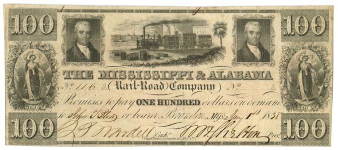 1838 Mississippi & Alabama Rail Road Company Brandon MS $100 Obsolete (64859)