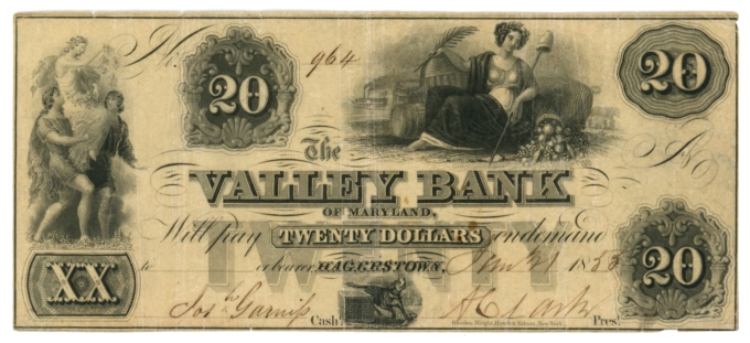 1855 Valley Bank of Maryland Hagerstown MD $20 Obsolete Note No.964 (64860)