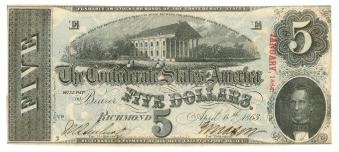 T-60 1863 Confederate States of America CSA $5 Note PF-27 CR-464 (64862)