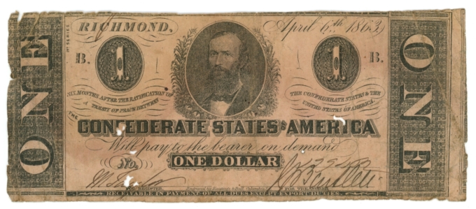 T-62 1863 Confederate States of America CSA $1 Note PF-1 CR-474 (64863)