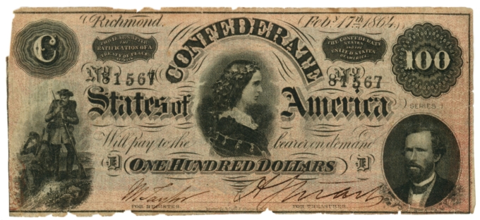 T-65 1864 Confederate States of America CSA $100 Note No.81567 (64864)