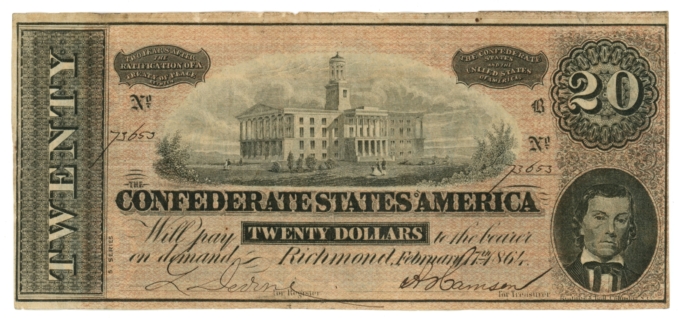 T-67 1864 Confederate States of America CSA $20 Note PF-21 CR-521 (64870)