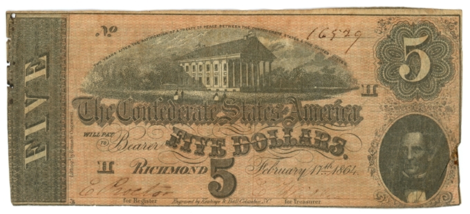 T-69 1864 Confederate States of America CSA $5 Note PF-1 CR-558 (64874)