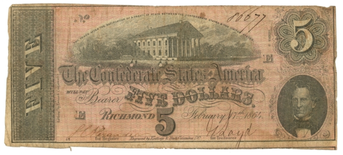 T-69 1864 Confederate States of America CSA $5 Note PF-5 CR-560 (64873)
