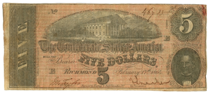 T-69 1864 Confederate States of America CSA $5 Note PF-10 CR-564 (64875)