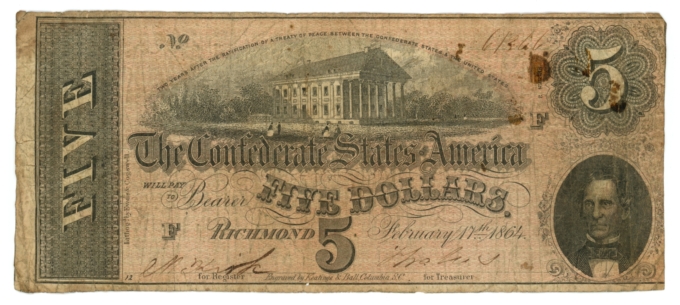 T-69 1864 Confederate States of America CSA $5 Note PF-5 CR-560 (64876)