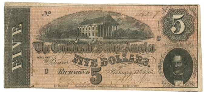 T-69 1864 Confederate States of America CSA $5 Note PF-5 CR-560 (64877)