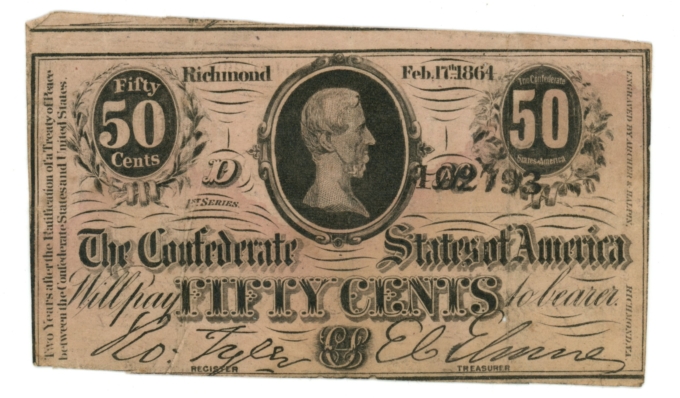T-72 1864 Confederate States of America CSA 50c Note PF-1 CR-578 (64883)