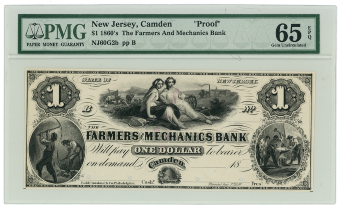 1860s Farmers & Mechanics Bank Camden New Jersey NJ $1 Proof UNC PMG 65EPQ 64786