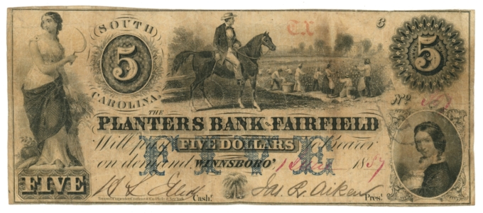 1854 Planters Bank of Fairfield Winnsboro SC $5 Obsolete Sh308 (65005)
