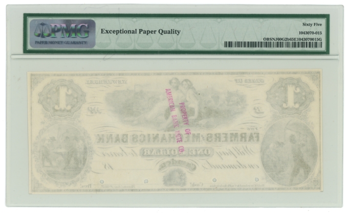 1860s Farmers & Mechanics Bank Camden New Jersey NJ $1 Proof UNC PMG 65EPQ 64786