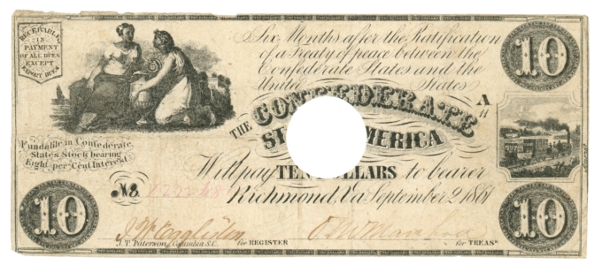 T-28 1861 Confederate States of America CSA $10 Note PF-9 CR-236 (65006)