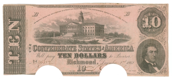 T-52 1862 Confederate States of America CSA $10 Note No.36112 (65015)