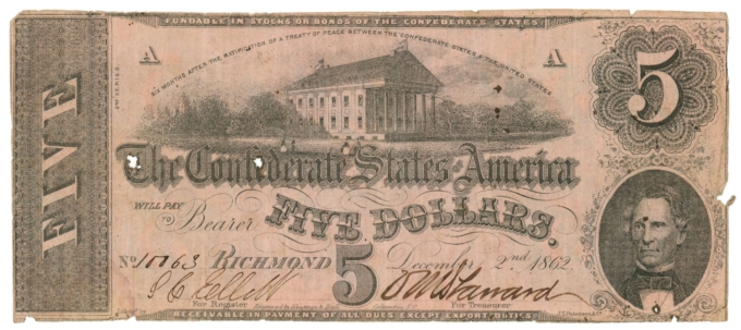 T-53 1862 Confederate States of America CSA $5 Note PF-3 CR-383 (65014)