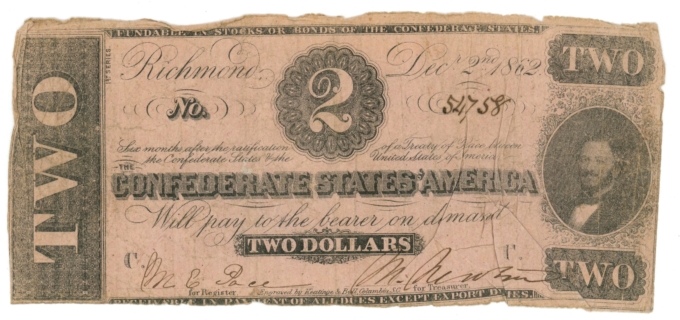 T-54 1862 Confederate States of America CSA $2 Note PF-11 CR-392 R1 (65017)