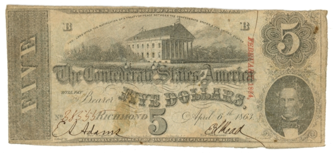 T-60 1863 Confederate States of America CSA $5 Note PF-31 CR-463 (65021)