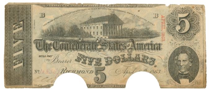 T-60 1863 Confederate States of America CSA $5 Note PF-4 CR-450 (65020)