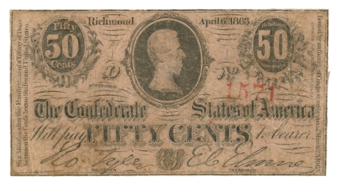 T-63 1863 Confederate States of America CSA 50c Note PF-8 CR-487 (65022)