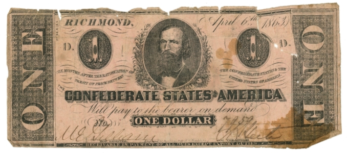 T-62 1863 Confederate States of America CSA $1 Note PF-1 CR-474 (65029)