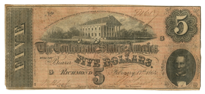 T-69 1864 Confederate States of America CSA $5 Note PF1 CR-558 (65028)