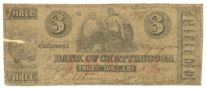 1862 Bank of Chattanooga Tennessee TN $3 Obsolete Note - Civil War Era (65034)