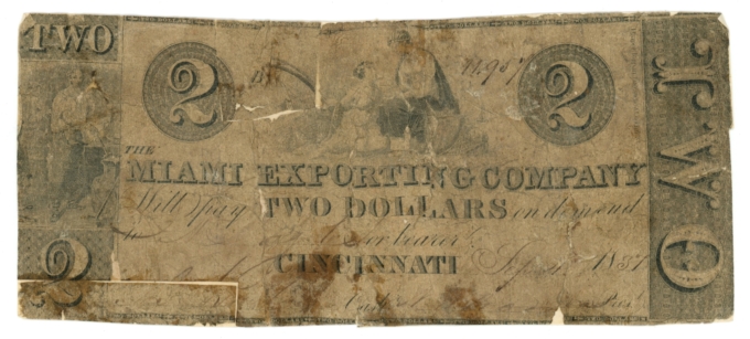 1837 Miami Exporting Company Cincinnati Ohio OH $2 Obsolete Note (65033)