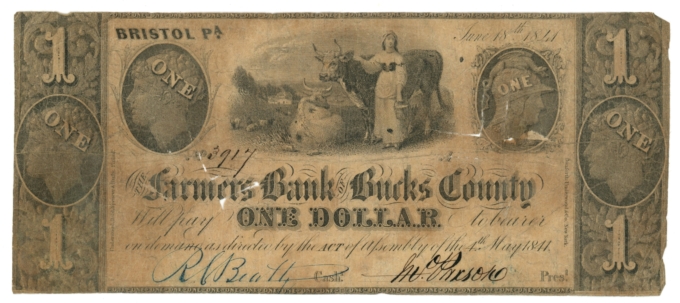 1841 Farmers Bank of Bucks County Bristol Pennsylvania PA $1 Obsolete Note 65036